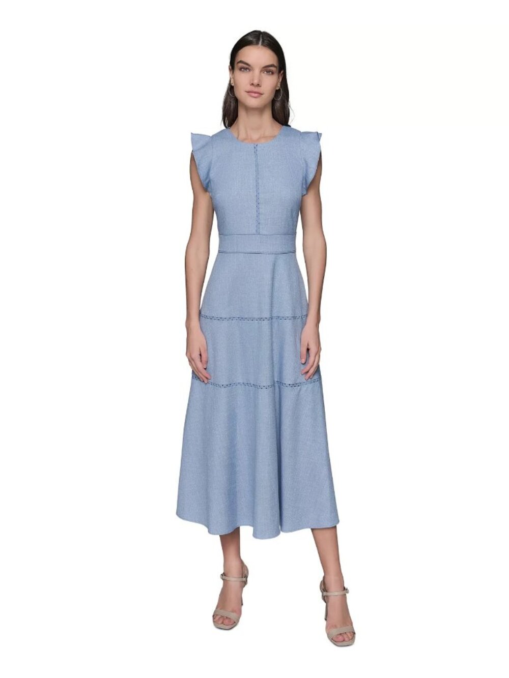 KARL LAGERFELD PARIS Lace-Inset Flutter-Sleeve Midi Dress Blue Size 10 MSRP$189